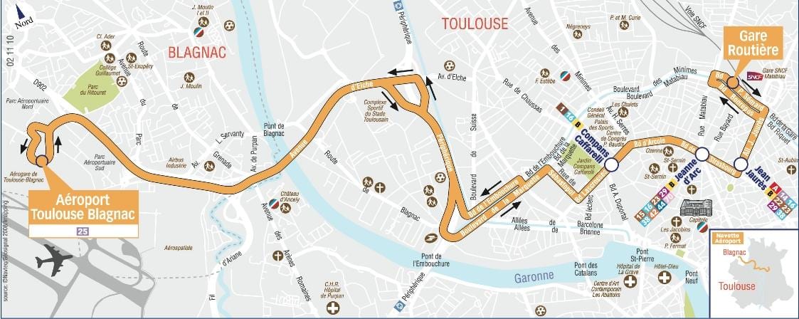 kaart van Toulouse luchthaven shuttle route